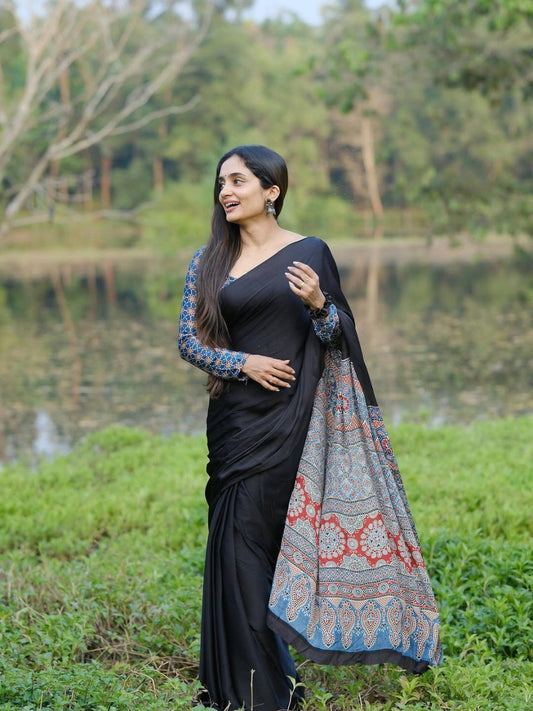 Casual Wear Black Color Silk Ready To Wear Saree With Blouse