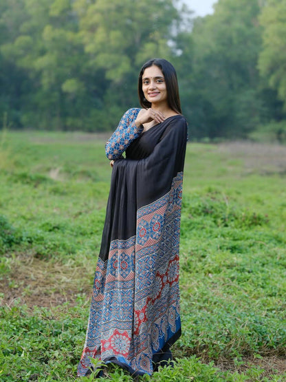 Casual Wear Black Color Silk Ready To Wear Saree With Blouse