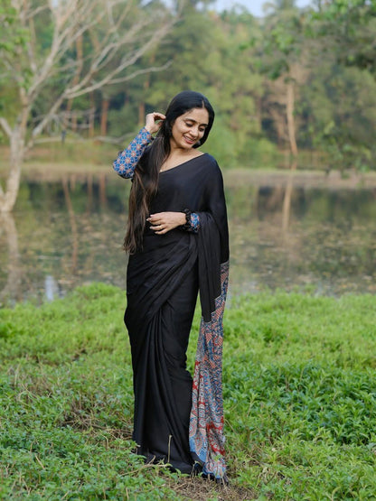 Casual Wear Black Color Silk Ready To Wear Saree With Blouse
