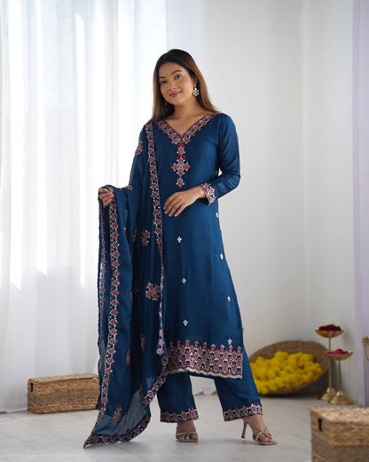 Party Wear Teal Blue Color Embroidery Work Salwar Suit