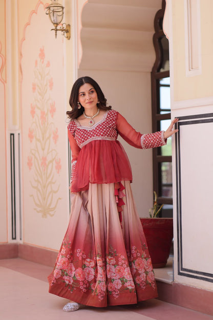 Sangeet Nights Wear Gajri Color Flower Printed Embroidered Lehenga Choli