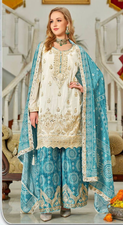 Ravishing Sky Green Color Heavy Embroidered Sequence Coding Work With Real Mirror Hand Work Sharara Suit