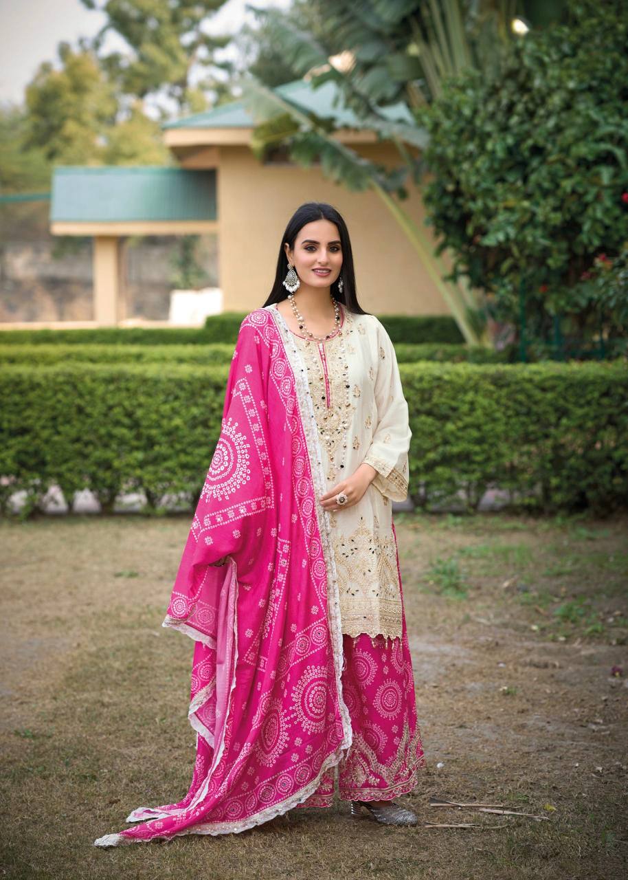 Ravishing Pink Color Heavy Embroidered Sequence Coding Work With Real Mirror Hand Work Sharara Suit