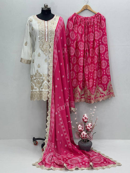 Ravishing Pink Color Heavy Embroidered Sequence Coding Work With Real Mirror Hand Work Sharara Suit