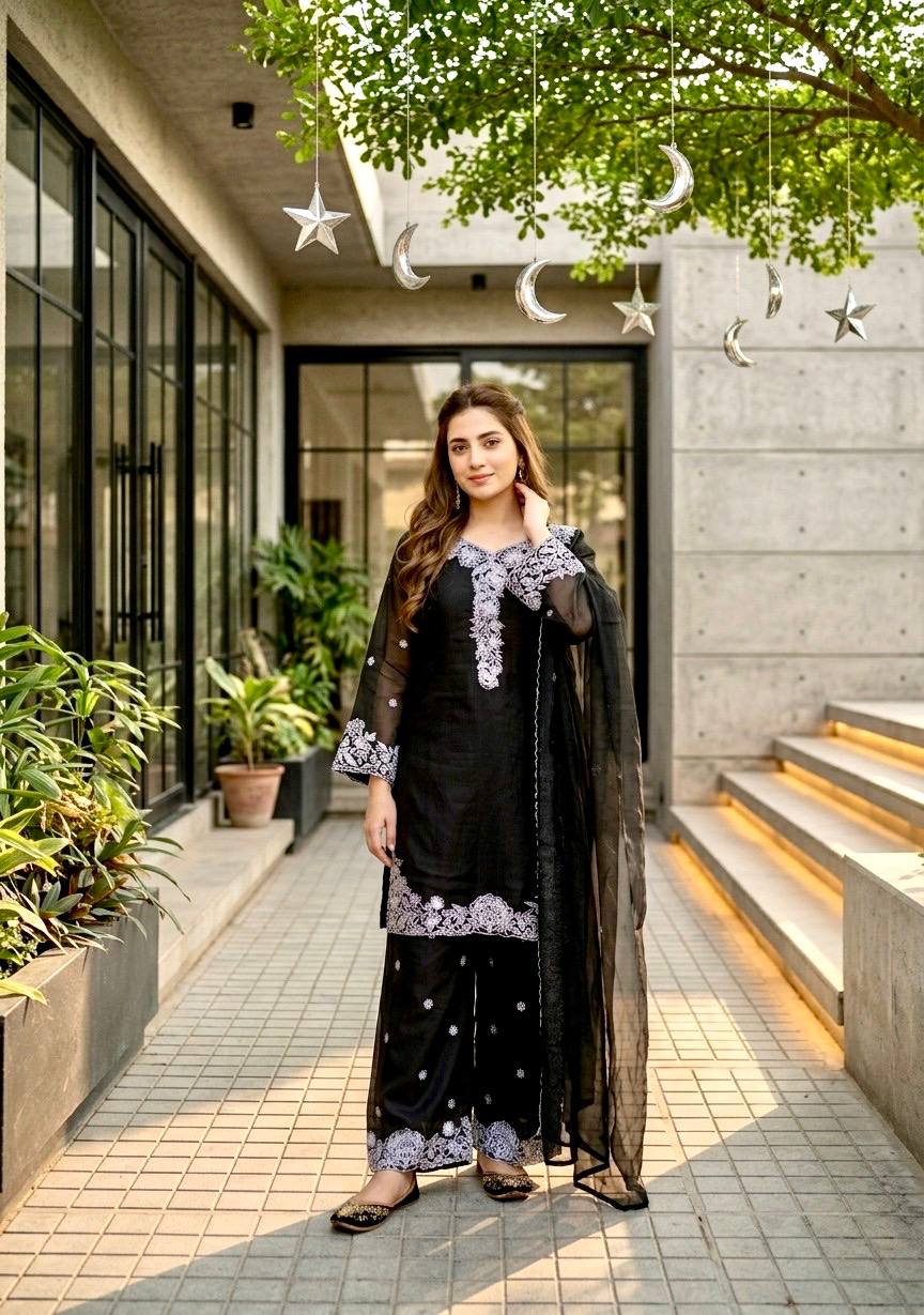 Designer Black Color Heavy Mal Chanderi Palazzo Suit