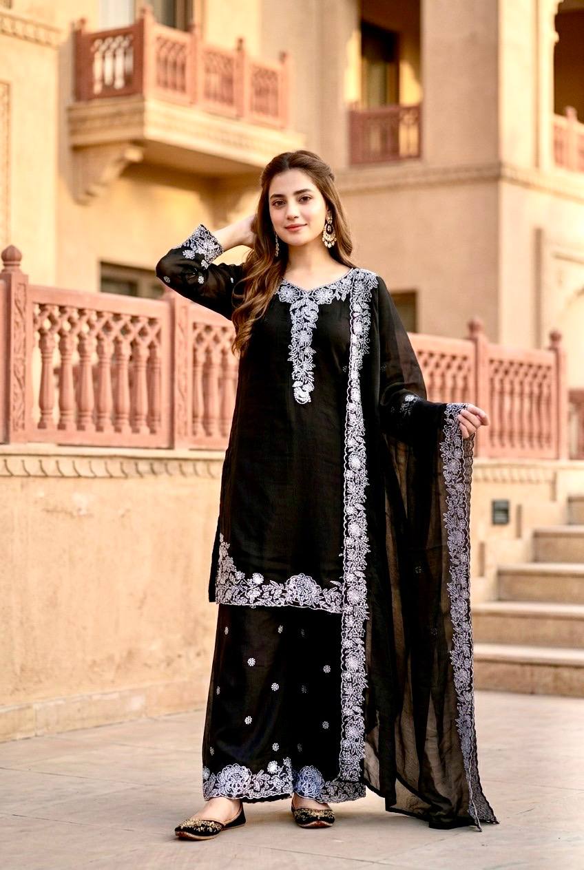 Designer Black Color Heavy Mal Chanderi Palazzo Suit
