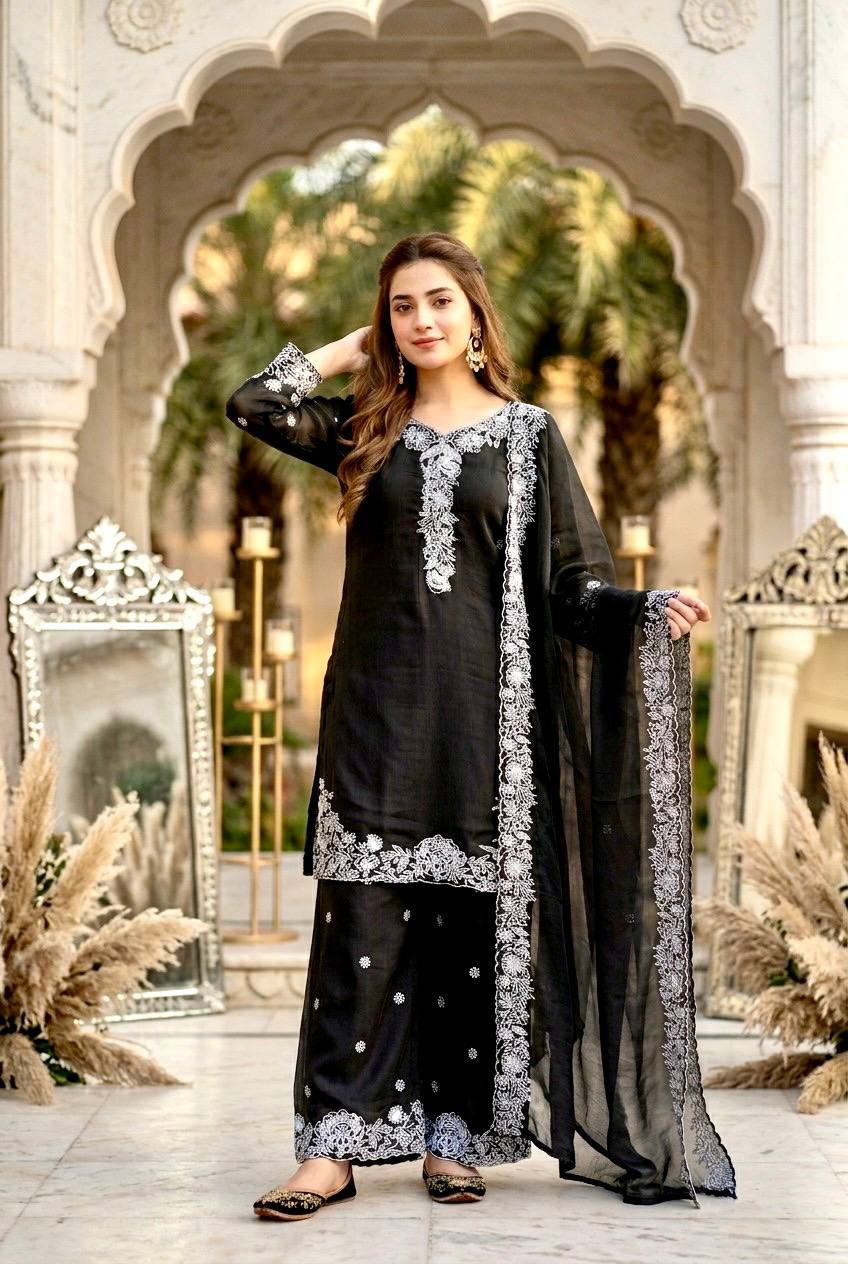 Designer Black Color Heavy Mal Chanderi Palazzo Suit
