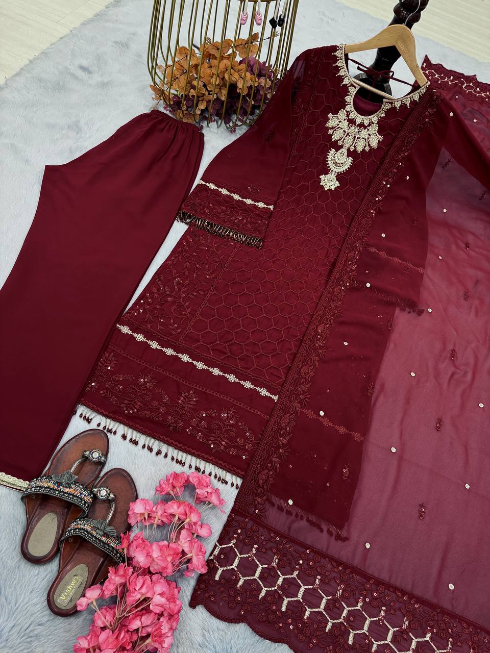 Embellished Maroon Color Heavy Faux Georgette With Heavy Embroidery Sequence Work Salwar Suit
