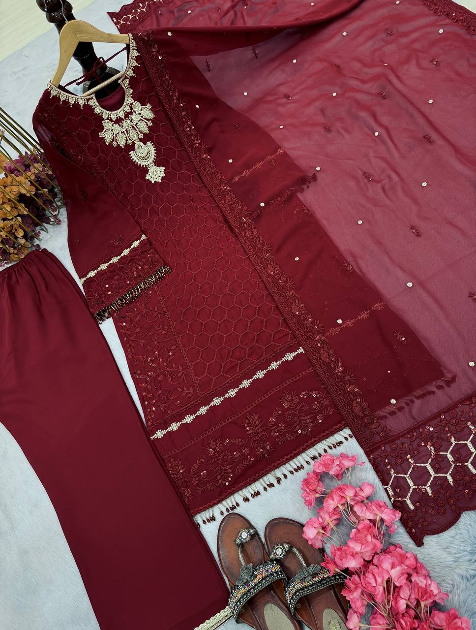 Embellished Maroon Color Heavy Faux Georgette With Heavy Embroidery Sequence Work Salwar Suit