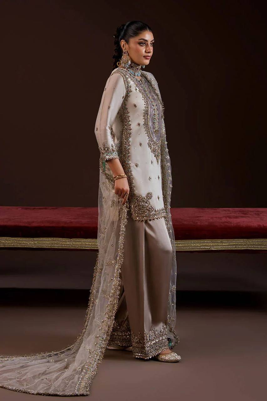 Wedding Wear Off White Color Crepe Silk Embroidered Palazzo Suit