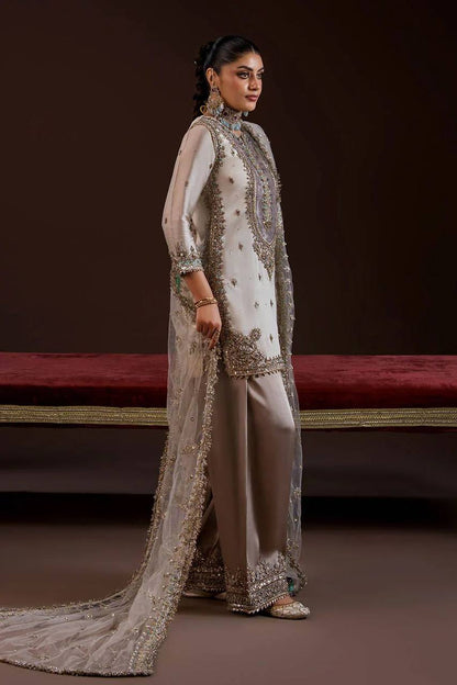 Wedding Wear Off White Color Crepe Silk Embroidered Palazzo Suit