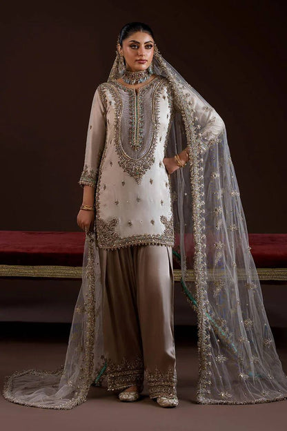 Wedding Wear Off White Color Crepe Silk Embroidered Palazzo Suit