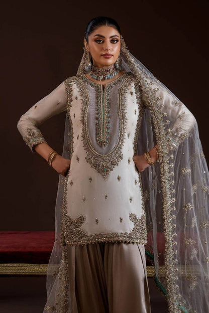 Wedding Wear Off White Color Crepe Silk Embroidered Palazzo Suit