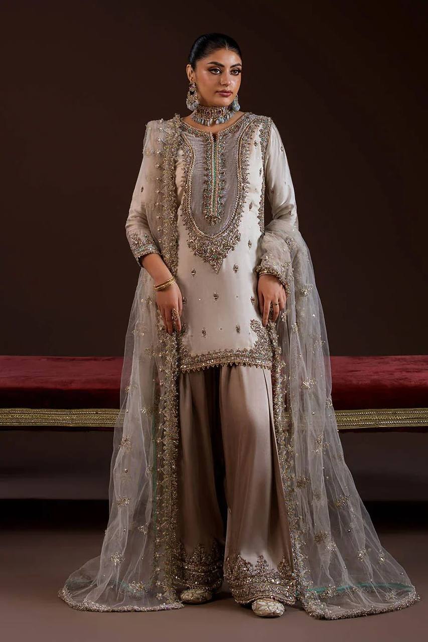 Wedding Wear Off White Color Crepe Silk Embroidered Palazzo Suit