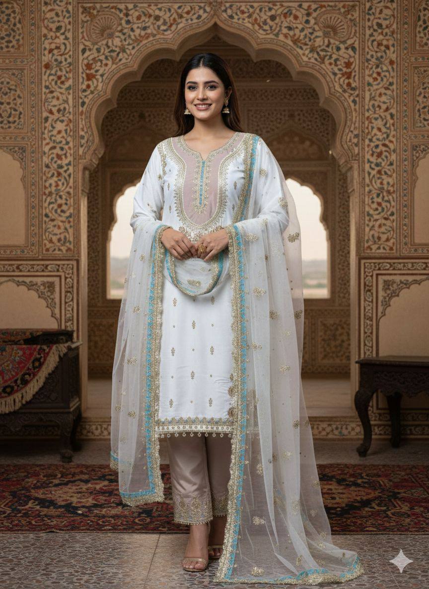 Wedding Wear Off White Color Crepe Silk Embroidered Palazzo Suit