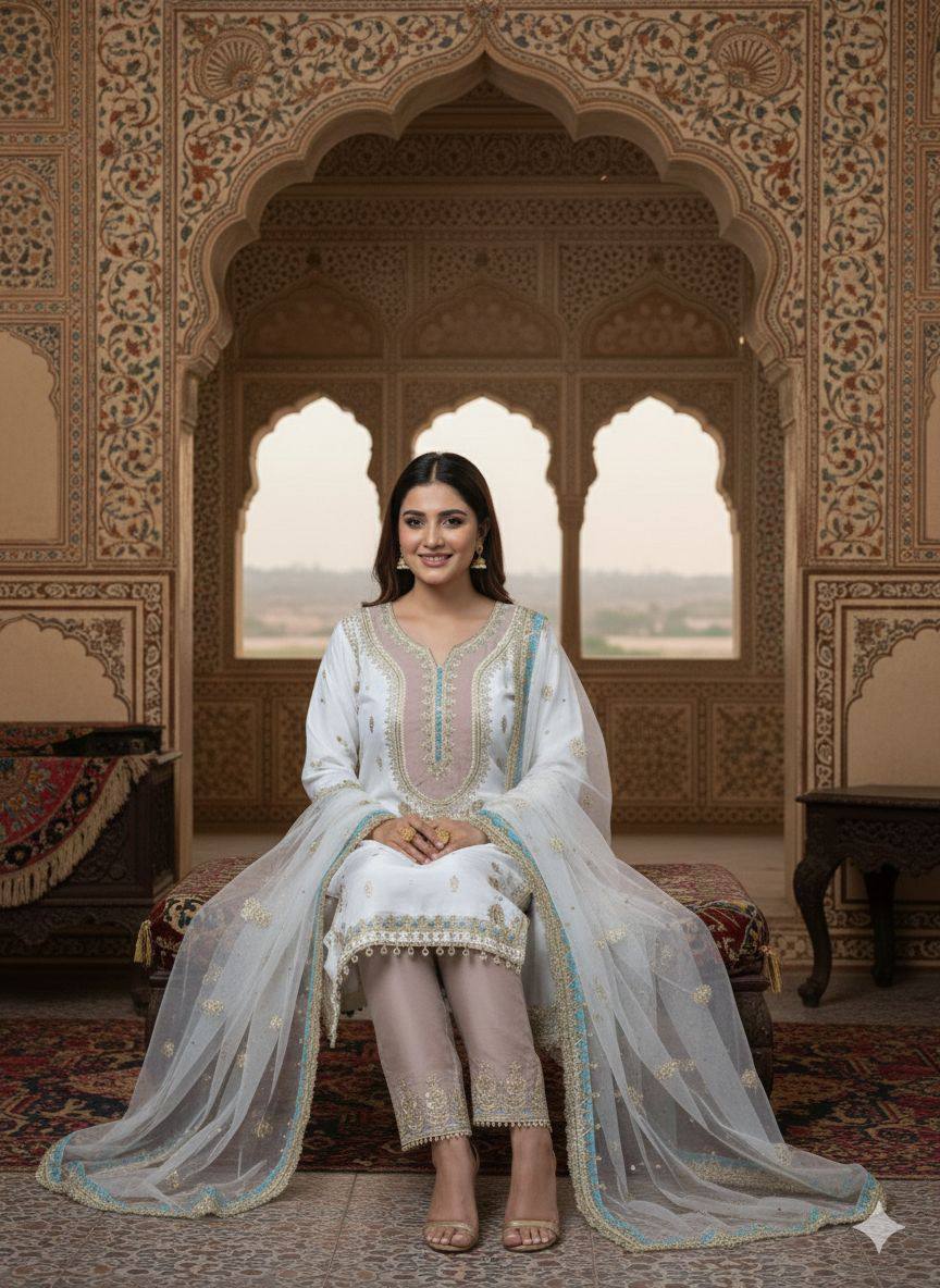 Wedding Wear Off White Color Crepe Silk Embroidered Palazzo Suit