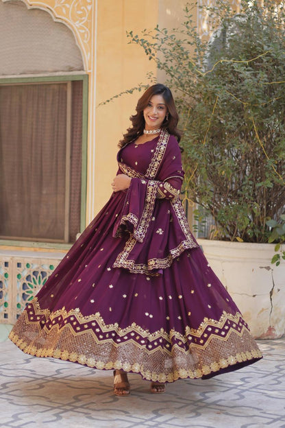 Party Wear Wine Color Faux Georgette With Heavy Embroidery Sequence Work Gown