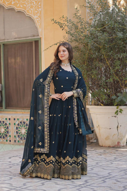 Party Wear Teal Blue Color Faux Georgette With Heavy Embroidery Sequence Work Gown