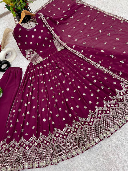 Party Wear Wine Color Faux Georgette With Heavy Embroidery Sequence Work Gown