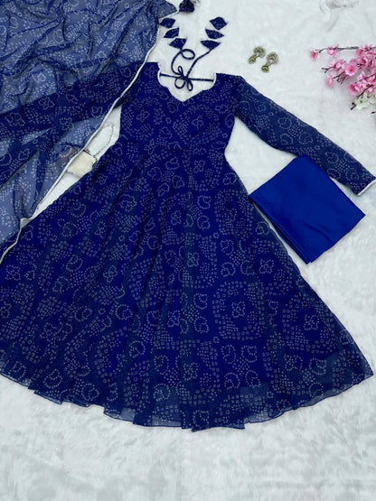 Ceremony Wear Navy Blue Color Pure Georgette Printed Anarkali Gown