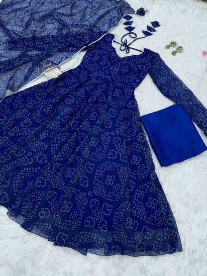 Ceremony Wear Navy Blue Color Pure Georgette Printed Anarkali Gown