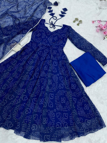 Ceremony Wear Navy Blue Color Pure Georgette Printed Anarkali Gown