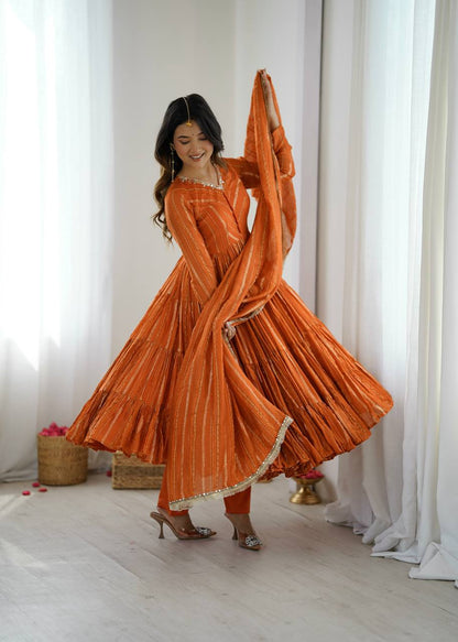Designer Orange Color Ruffle Gown With Pant And Dupatta Set