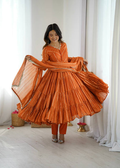 Designer Orange Color Ruffle Gown With Pant And Dupatta Set