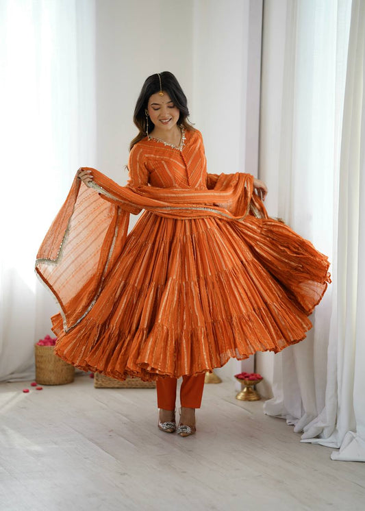 Designer Orange Color Ruffle Gown With Pant And Dupatta Set