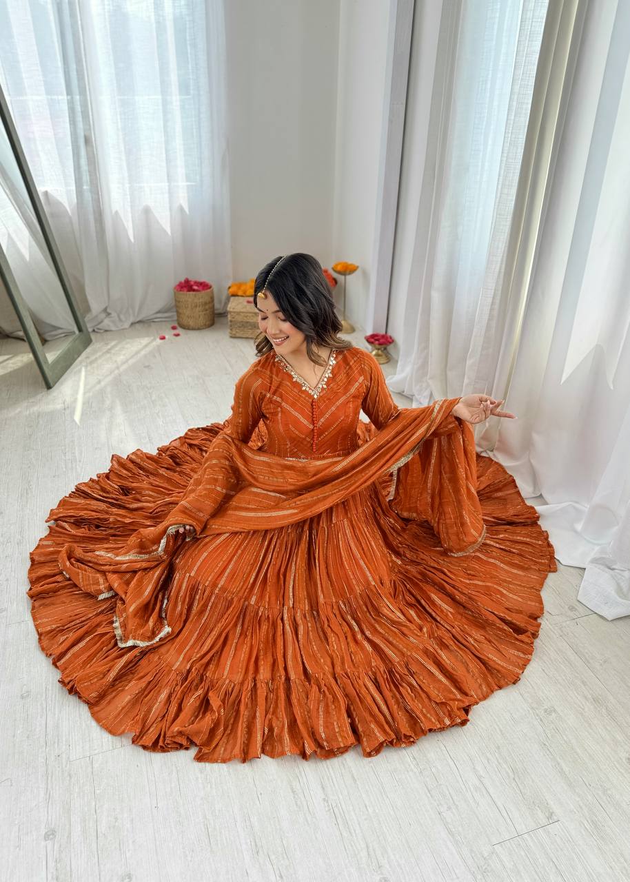 Designer Orange Color Ruffle Gown With Pant And Dupatta Set