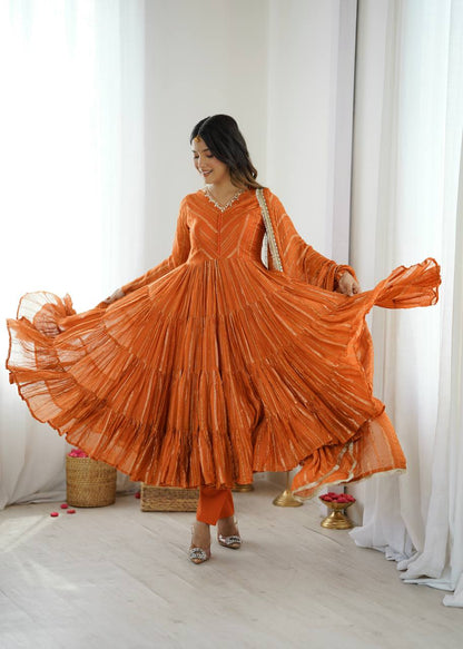 Designer Orange Color Ruffle Gown With Pant And Dupatta Set