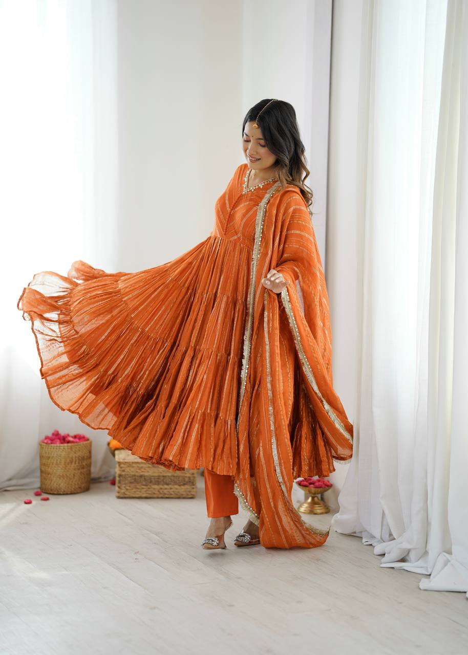 Designer Orange Color Ruffle Gown With Pant And Dupatta Set