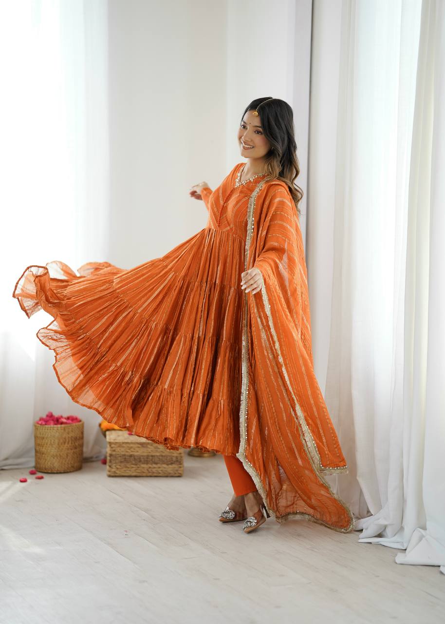 Designer Orange Color Ruffle Gown With Pant And Dupatta Set