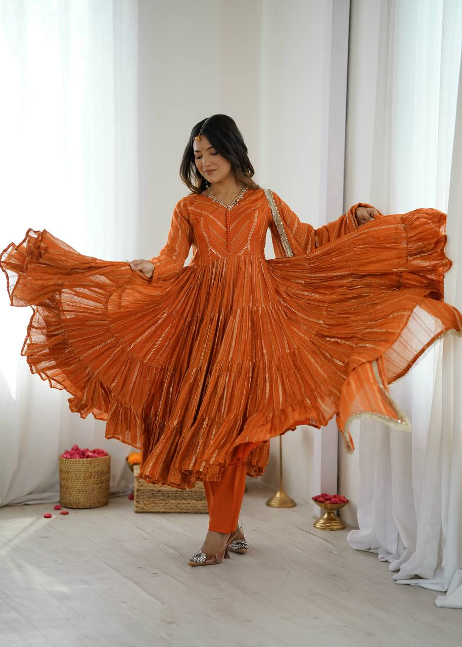 Designer Orange Color Ruffle Gown With Pant And Dupatta Set