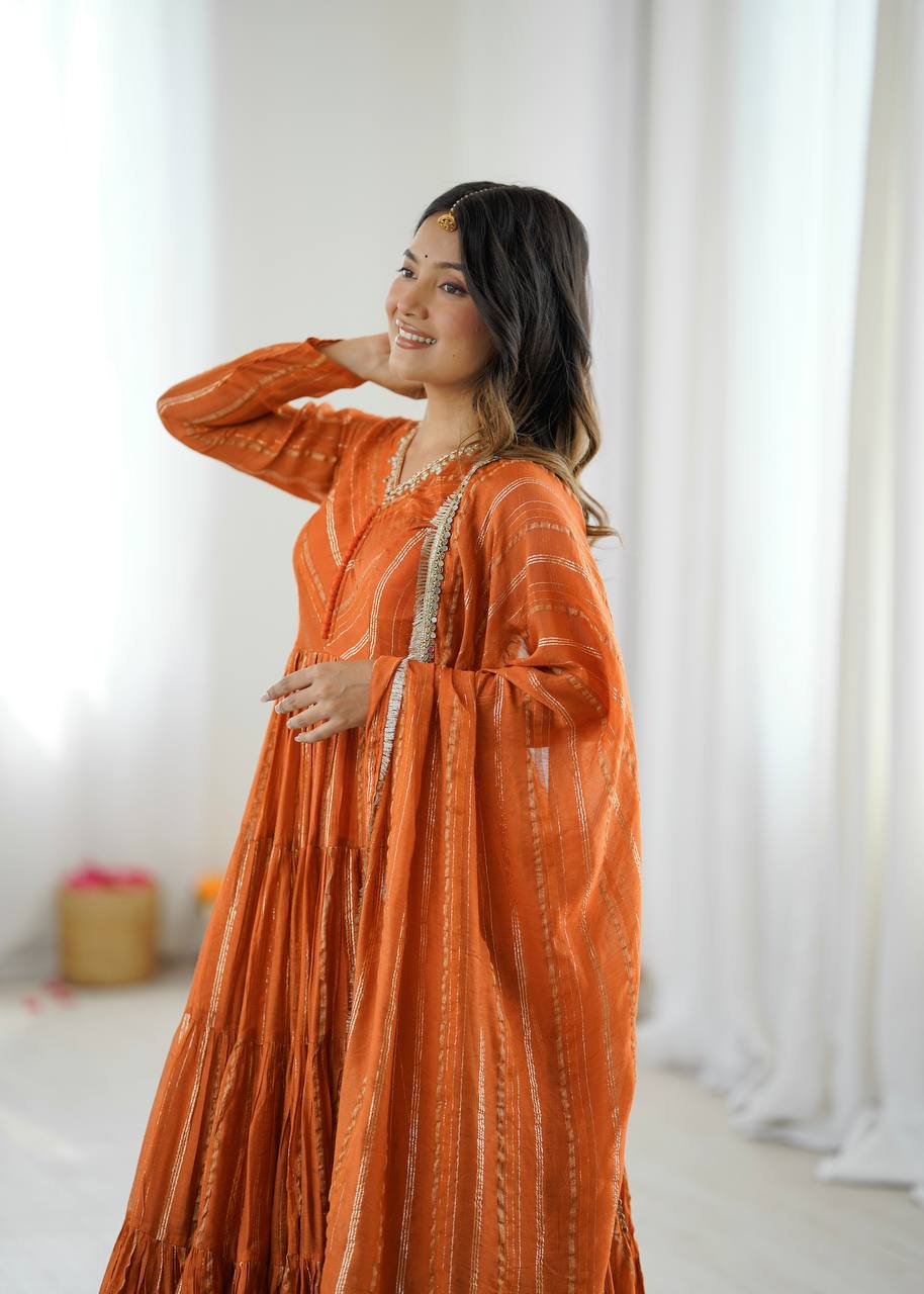 Designer Orange Color Ruffle Gown With Pant And Dupatta Set