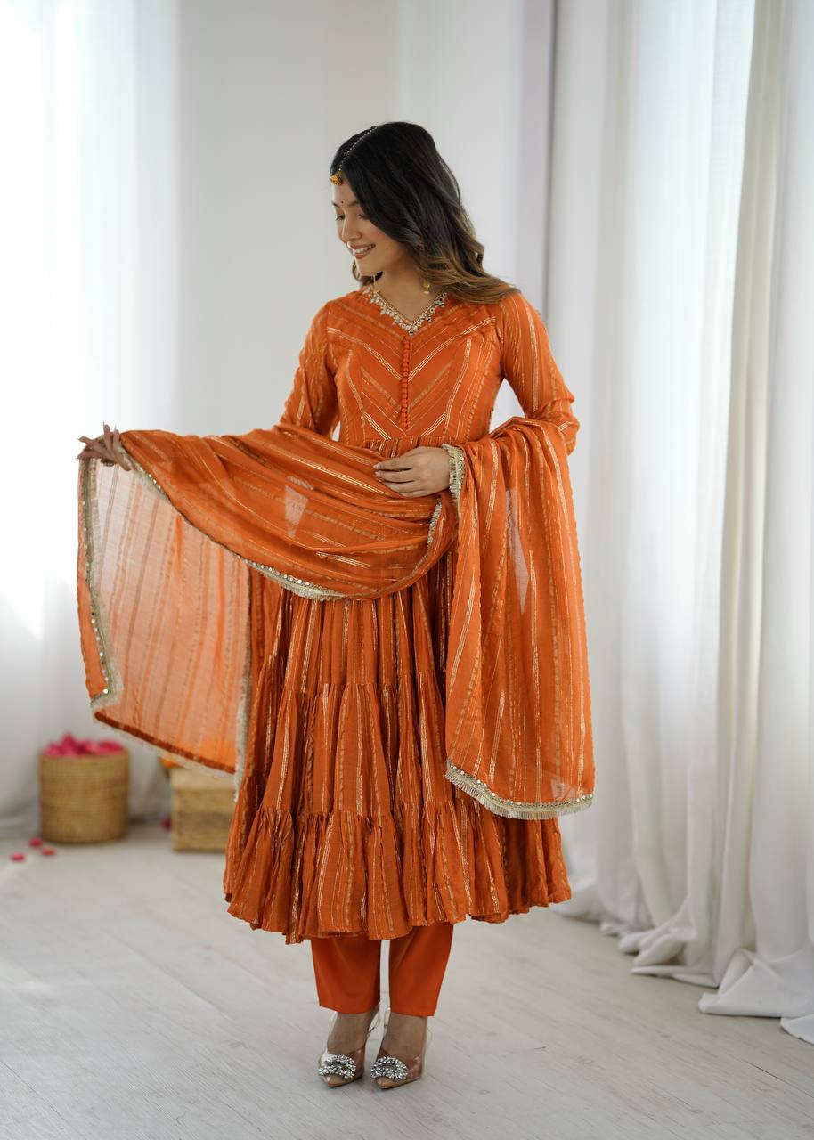 Designer Orange Color Ruffle Gown With Pant And Dupatta Set