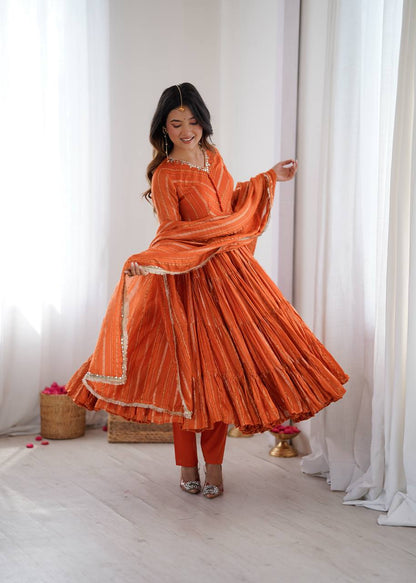 Designer Orange Color Ruffle Gown With Pant And Dupatta Set