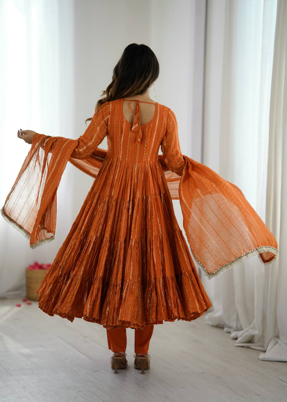 Designer Orange Color Ruffle Gown With Pant And Dupatta Set