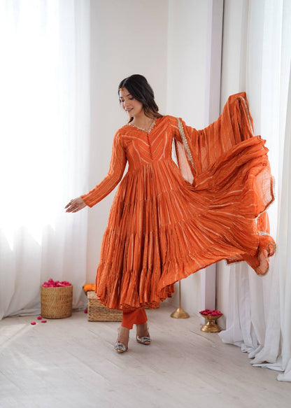 Designer Orange Color Ruffle Gown With Pant And Dupatta Set