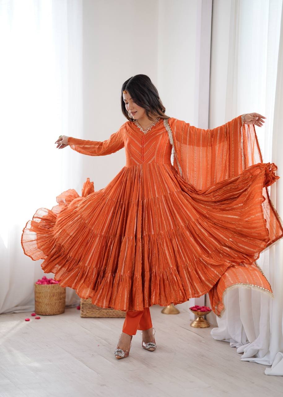 Designer Orange Color Ruffle Gown With Pant And Dupatta Set