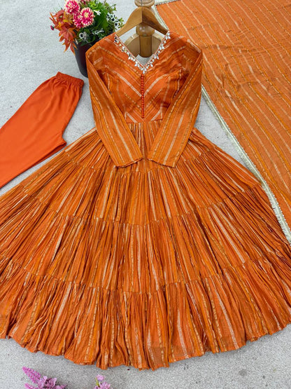 Designer Orange Color Ruffle Gown With Pant And Dupatta Set