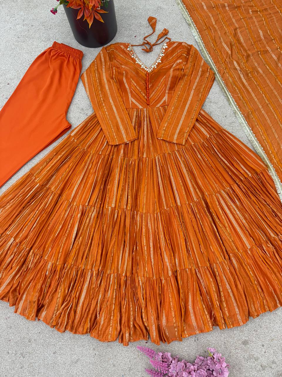 Designer Orange Color Ruffle Gown With Pant And Dupatta Set