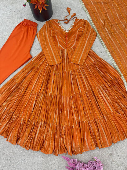 Designer Orange Color Ruffle Gown With Pant And Dupatta Set