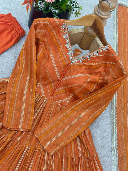 Designer Orange Color Ruffle Gown With Pant And Dupatta Set