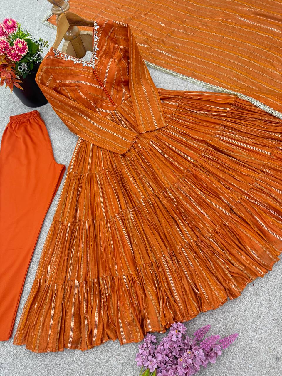 Designer Orange Color Ruffle Gown With Pant And Dupatta Set