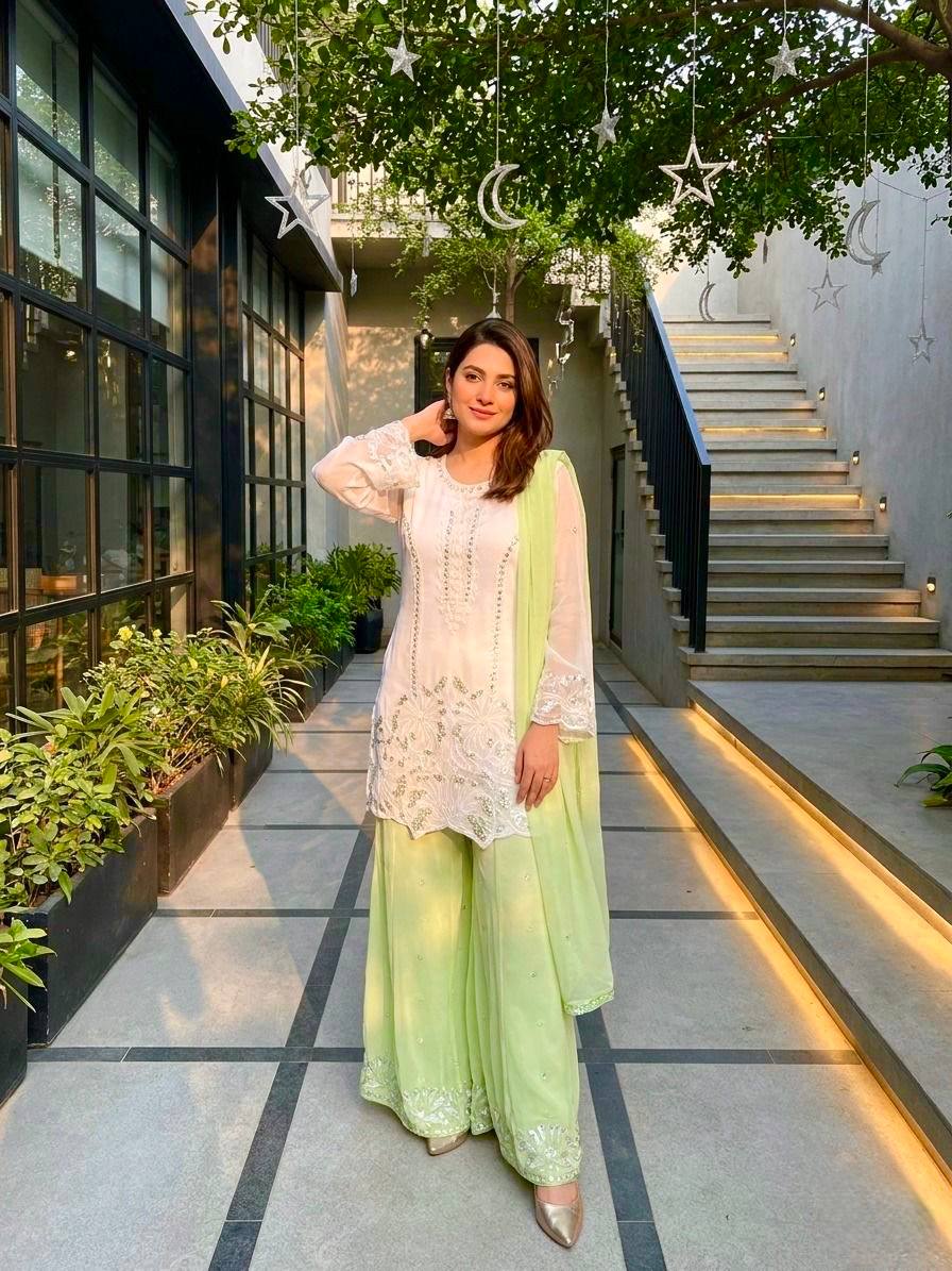 Green Color Georgette Embroidery With Pearl Moti Handwork Palazzo Suit