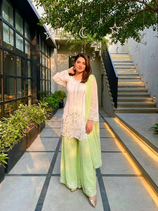 Green Color Georgette Embroidery With Pearl Moti Handwork Palazzo Suit
