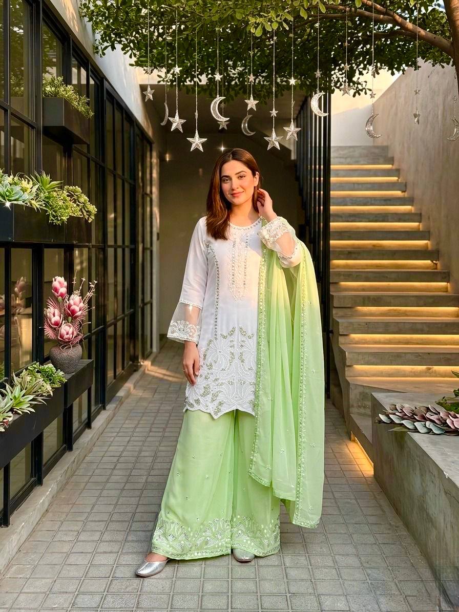 Green Color Georgette Embroidery With Pearl Moti Handwork Palazzo Suit