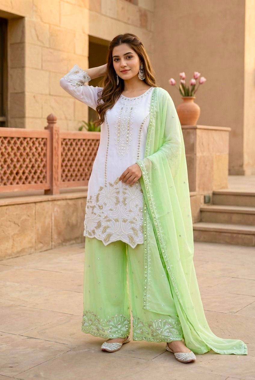 Green Color Georgette Embroidery With Pearl Moti Handwork Palazzo Suit