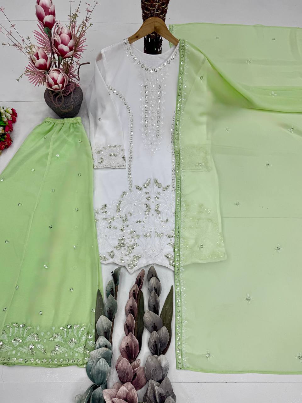 Green Color Georgette Embroidery With Pearl Moti Handwork Palazzo Suit